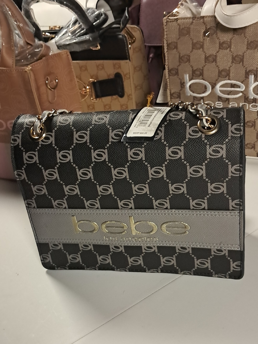 bebe Black and Gray Monogram Chain Shoulder Bag